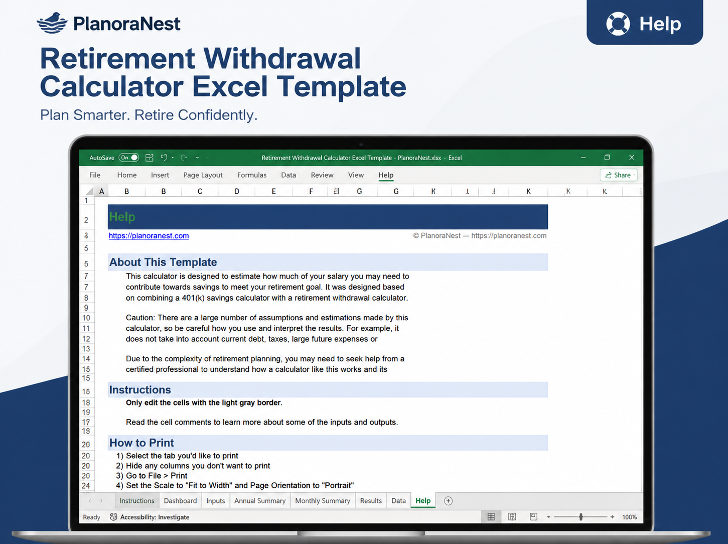retirement withdrawal calculator excel template — Help sheet
