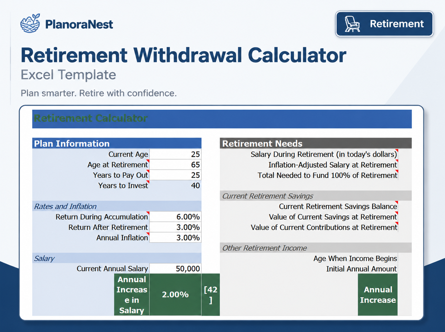 retirement budget calculator excel screenshot — PlanoraNest Excel template