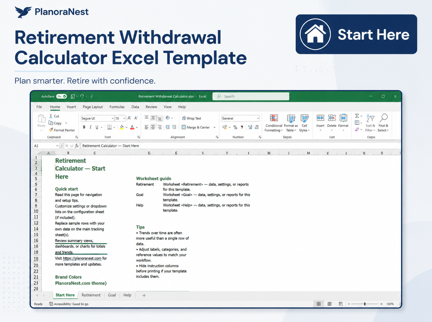 retirement withdrawal calculator excel template — Start Here sheet