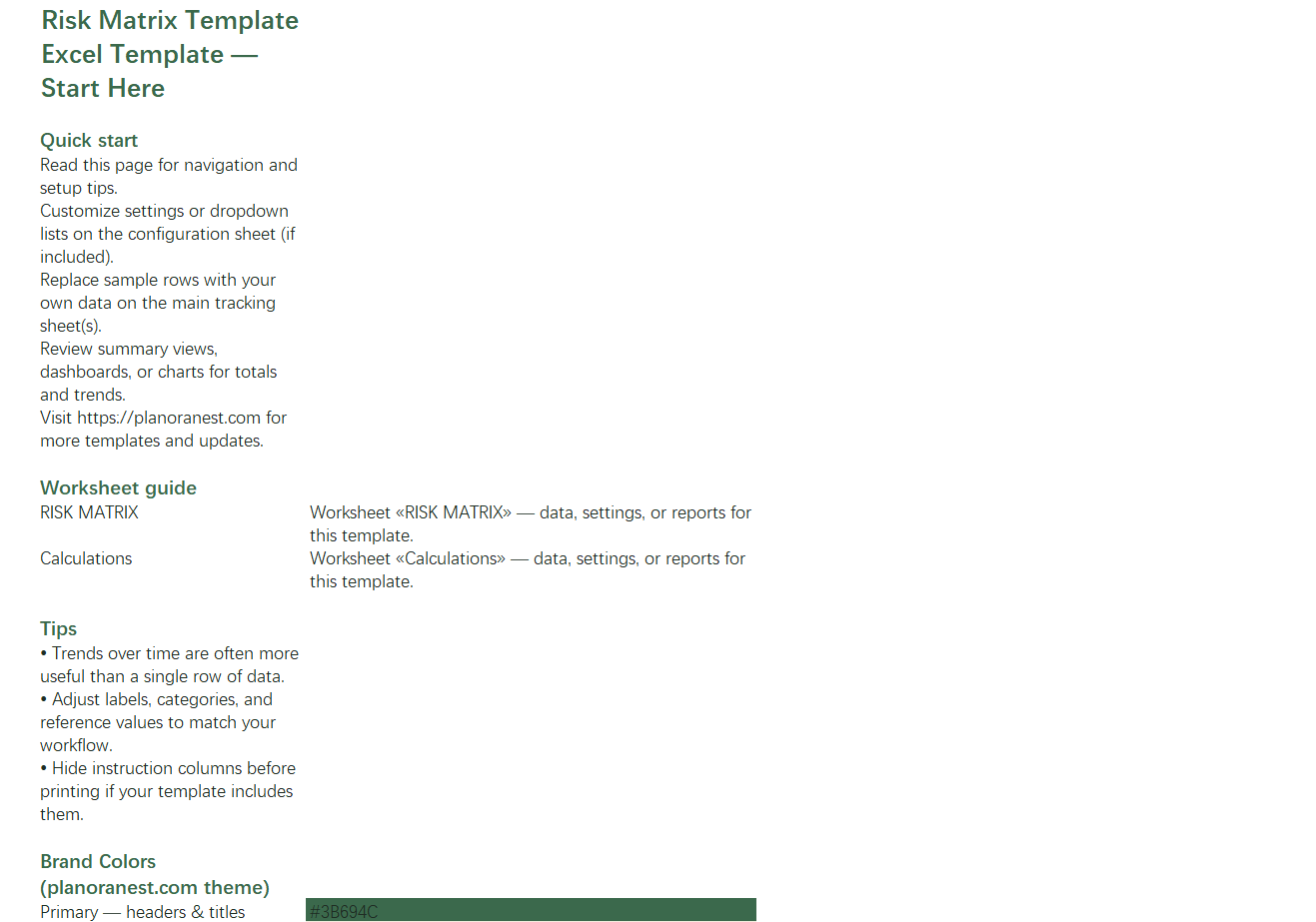 risk matrix template excel start here screenshot — PlanoraNest Excel template