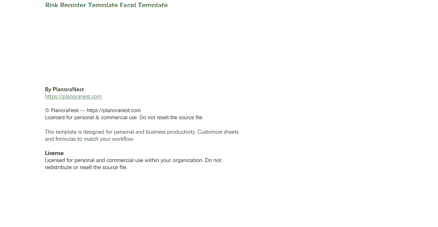 risk register template excel screenshot — PlanoraNest Excel template