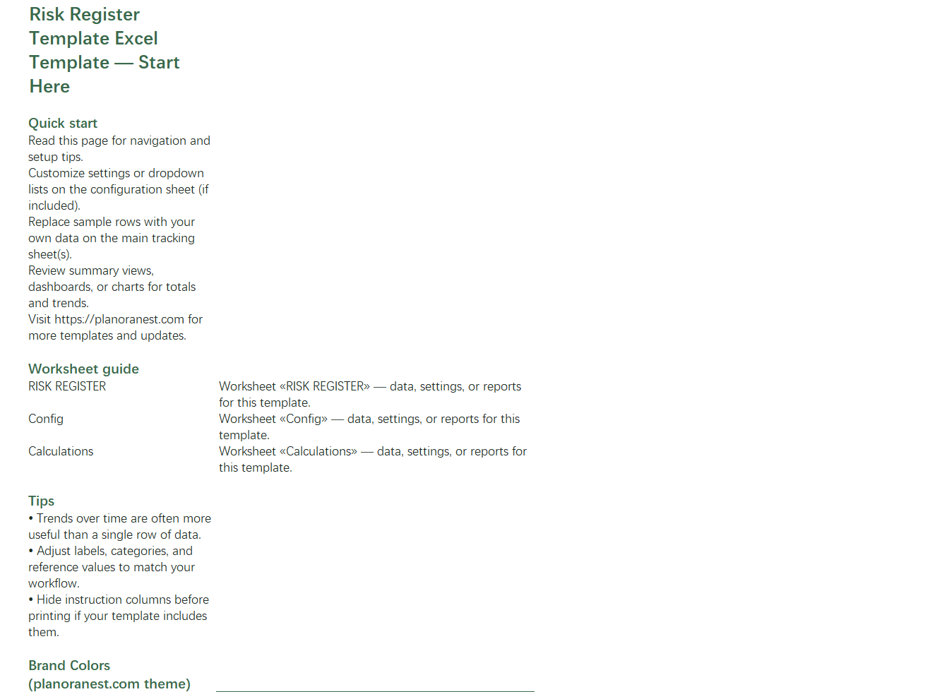 excel risk register template template start here screenshot — PlanoraNest Excel template