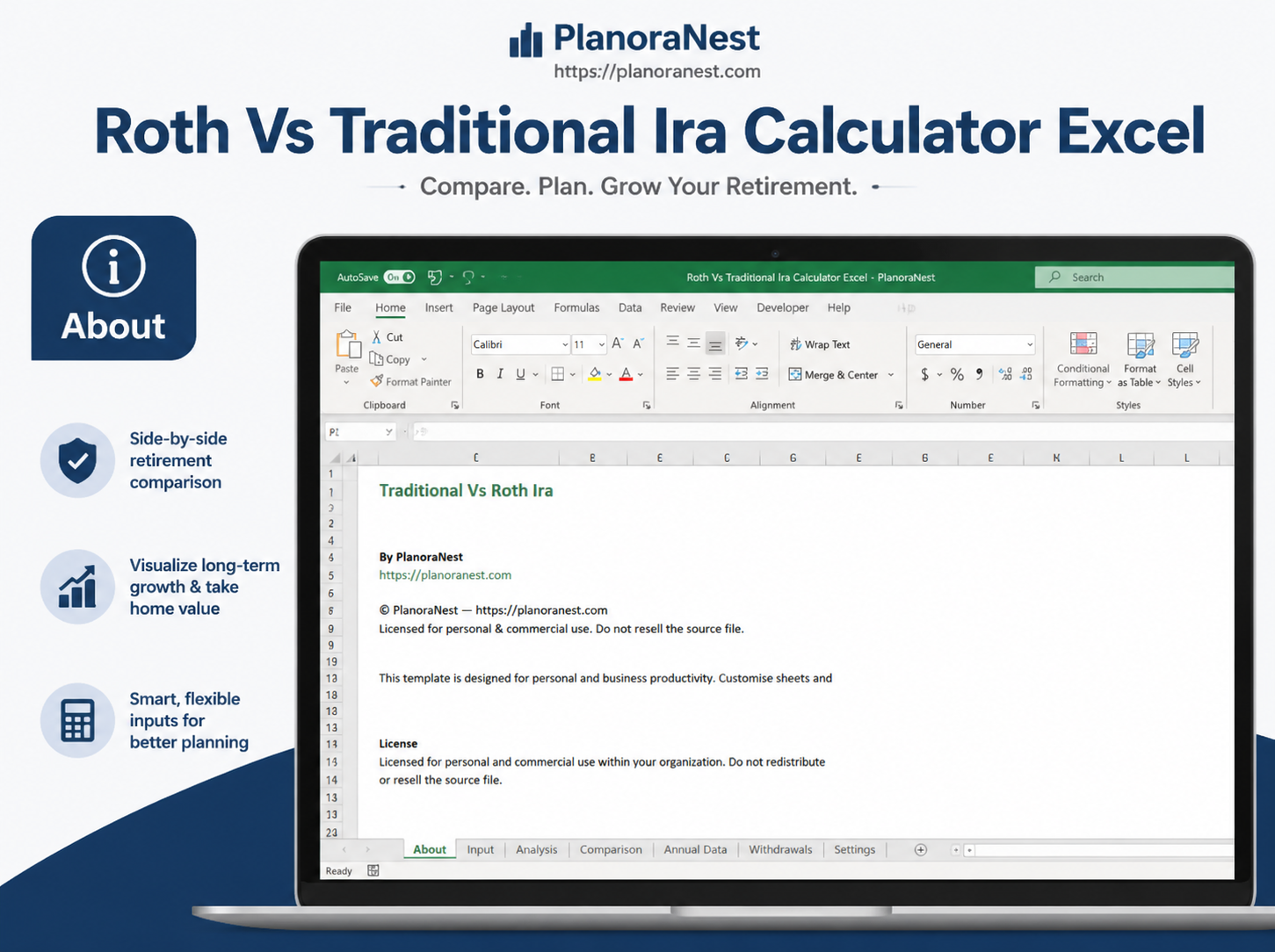 roth vs traditional ira calculator excel — About sheet