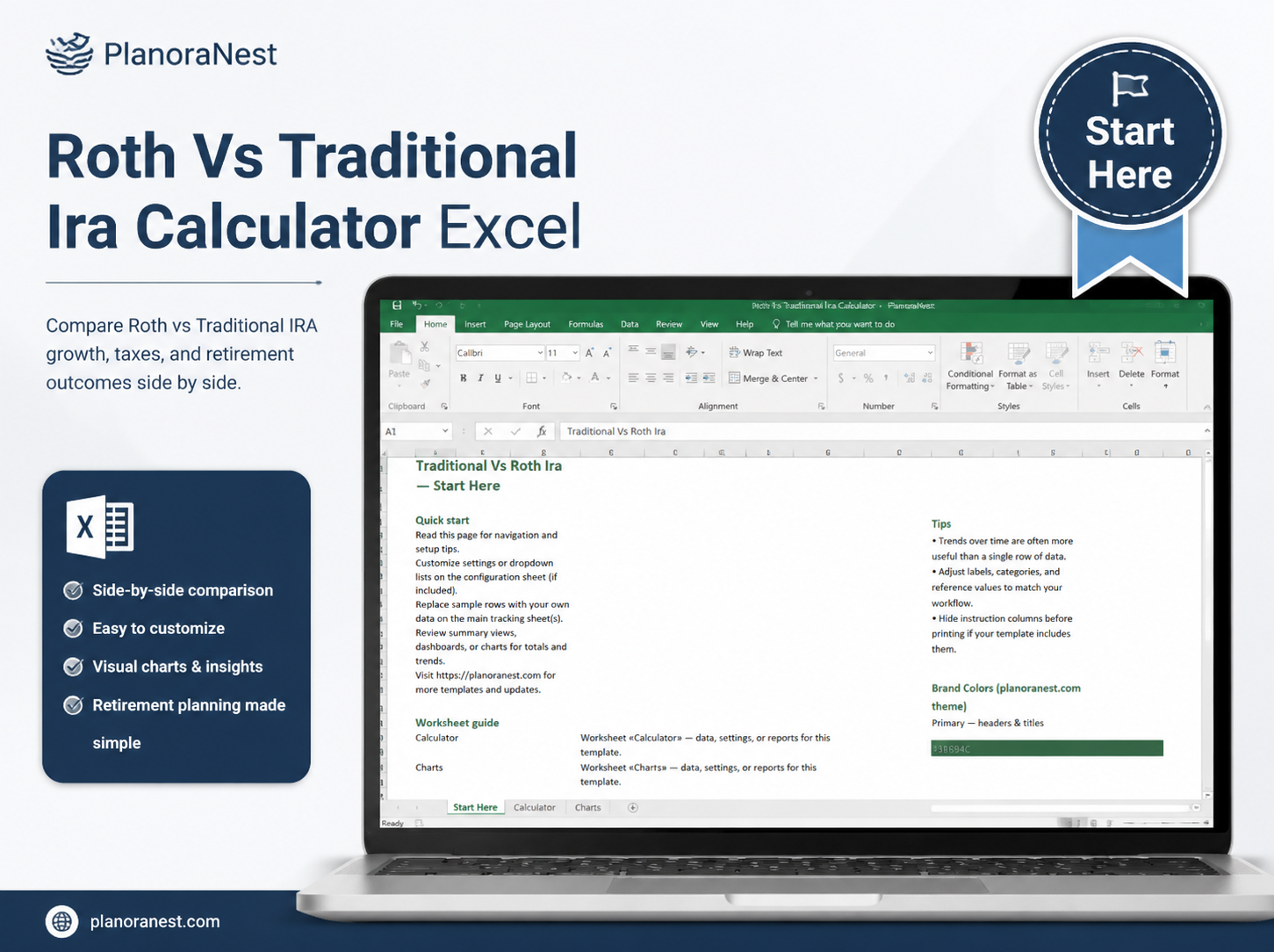 roth vs traditional ira calculator excel — Start Here sheet