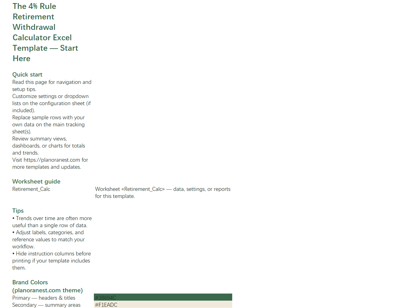 excel the 4% rule retirement withdrawal calculator template start here screenshot — PlanoraNest Excel template