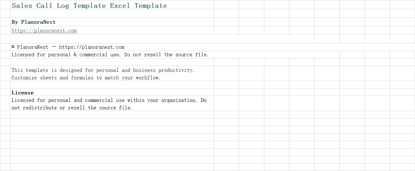 sales call log template excel screenshot — PlanoraNest Excel template
