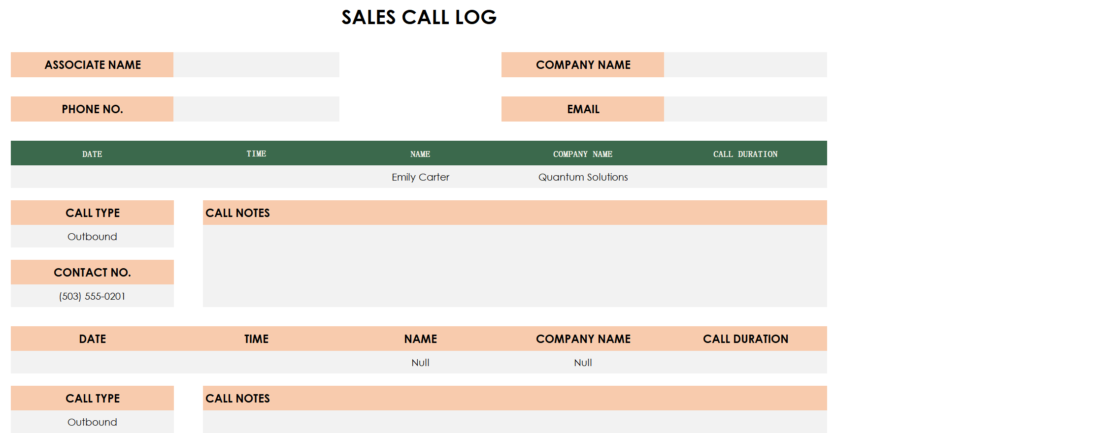 sales call log template excel screenshot — PlanoraNest Excel template