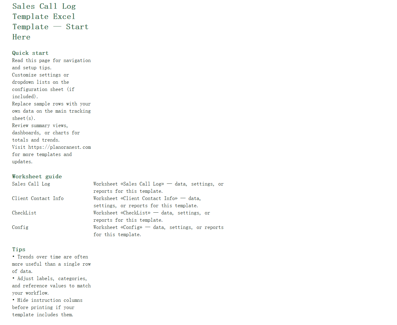 excel sales call log template template start here screenshot — PlanoraNest Excel template