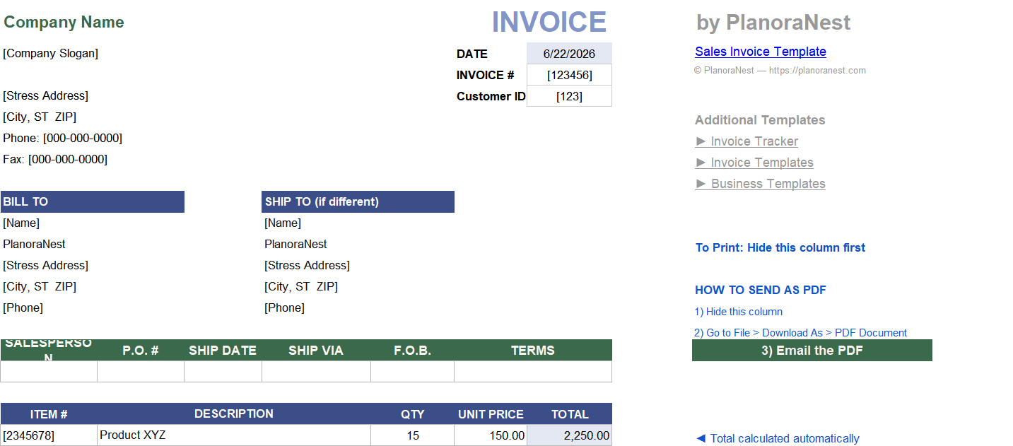 excel sales invoice with remit template screenshot — PlanoraNest Excel template
