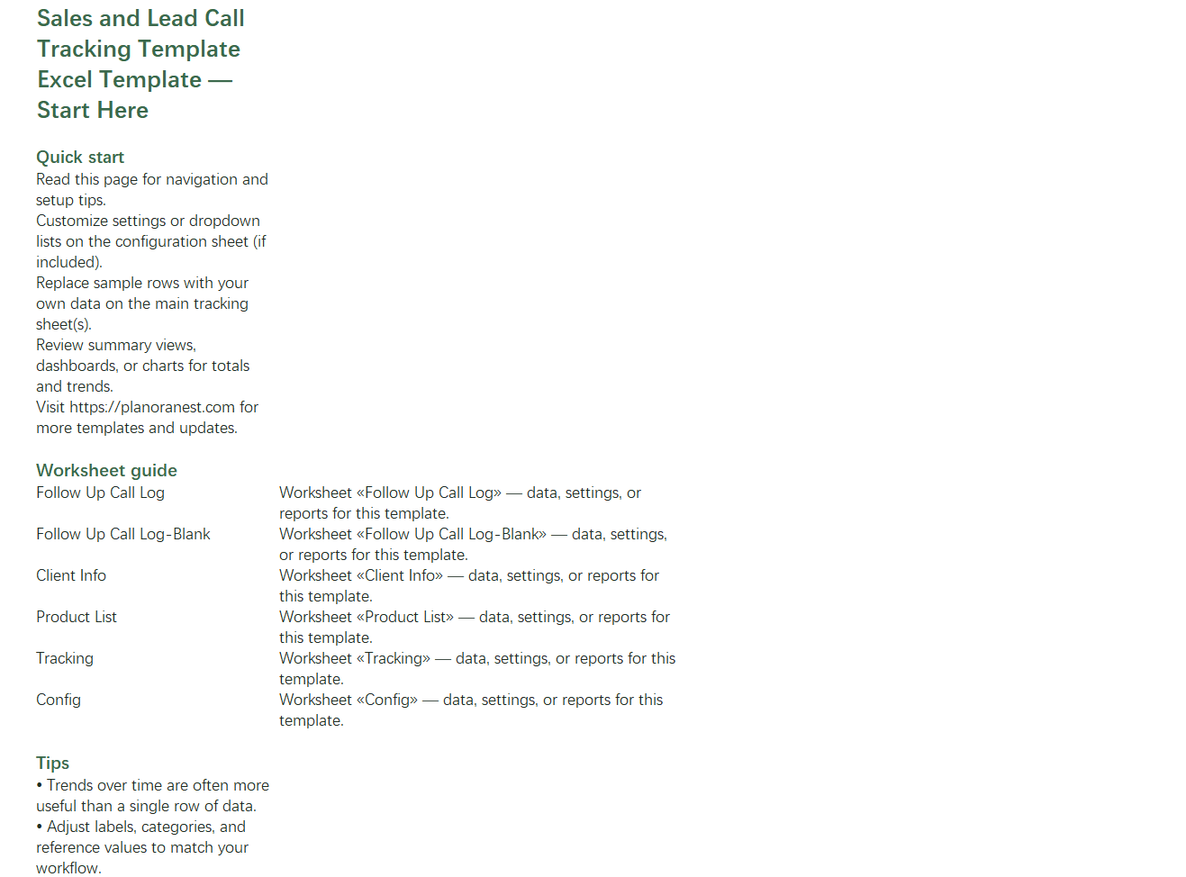 sales and lead call tracking template excel start here screenshot — PlanoraNest Excel template