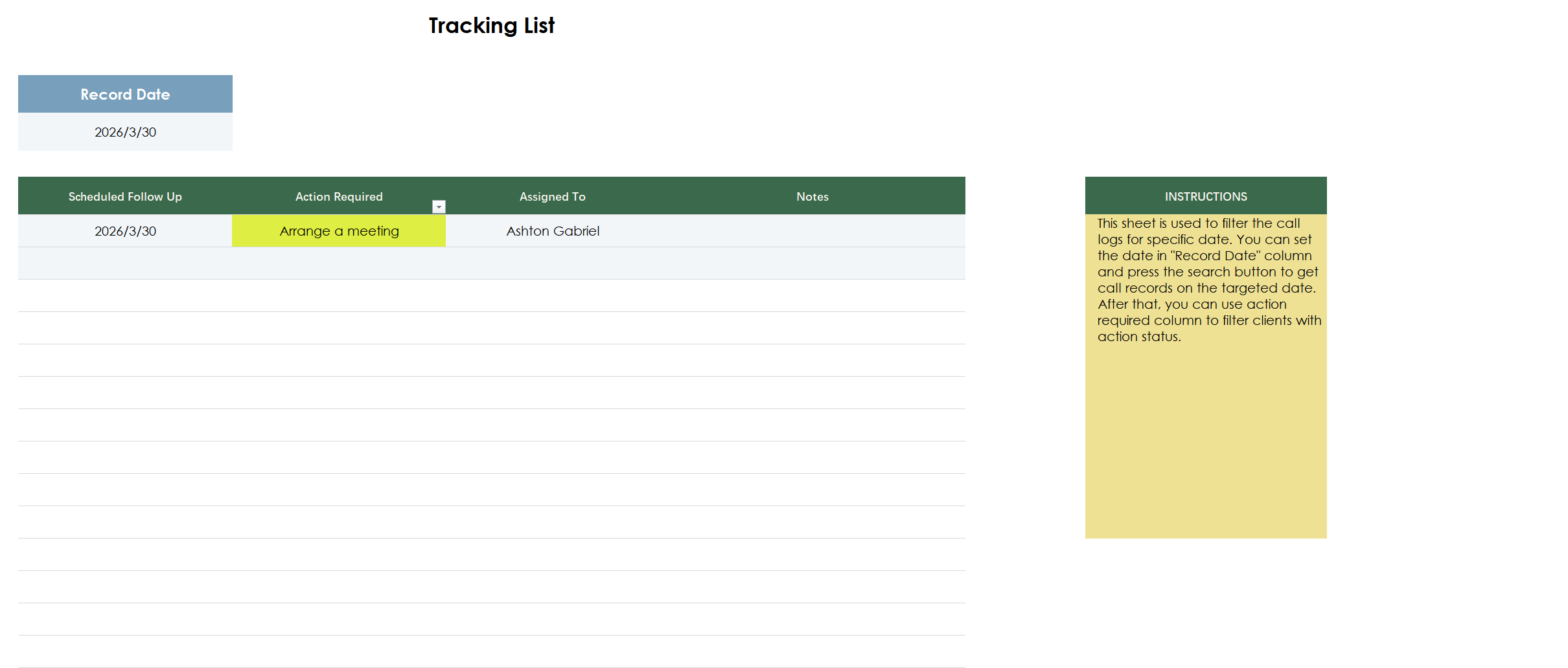 excel sales and lead call tracking template template screenshot — PlanoraNest Excel template