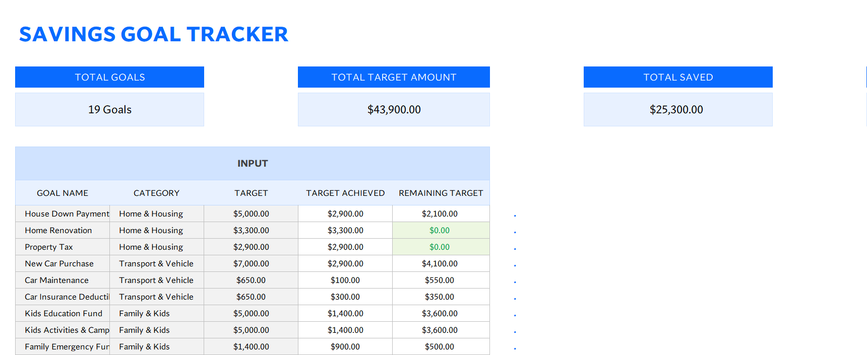 excel savings goal tracker template screenshot — PlanoraNest Excel template