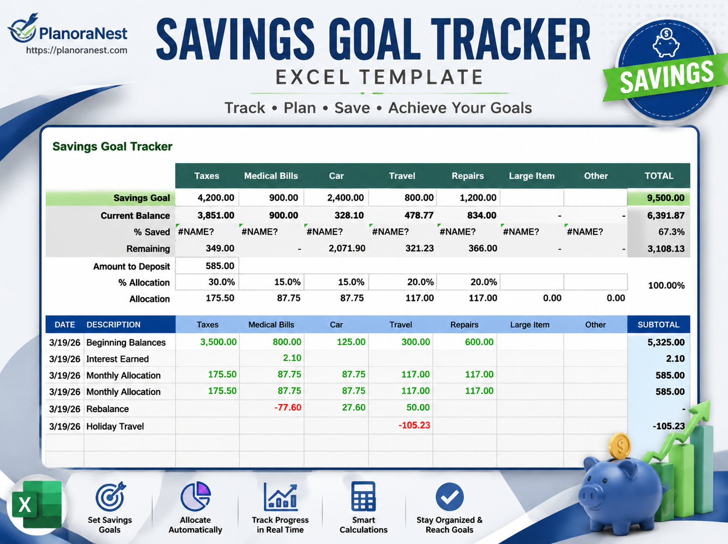 savings goal tracker excel 7 year screenshot — PlanoraNest Excel template
