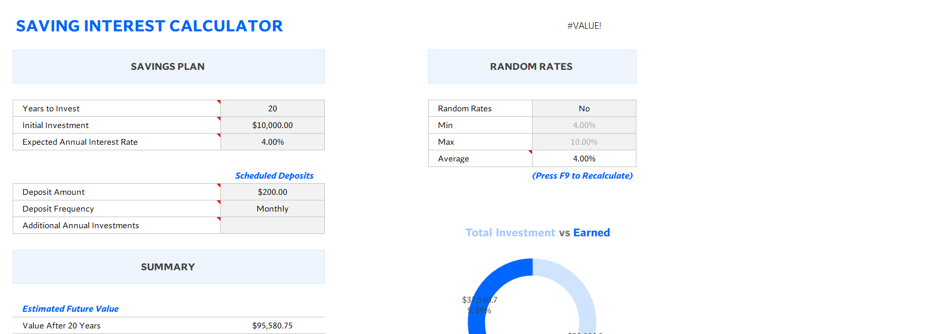 savings interest calculator excel template screenshot — PlanoraNest Excel template