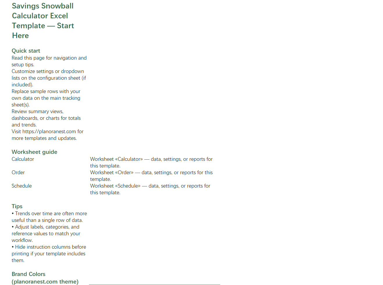 savings snowball calculator excel start here screenshot — PlanoraNest Excel template