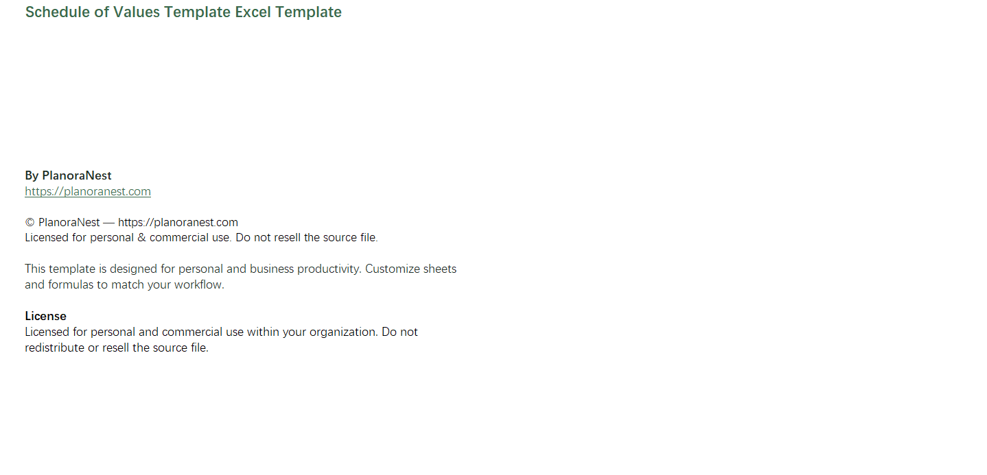 schedule of values template excel template screenshot — PlanoraNest Excel template