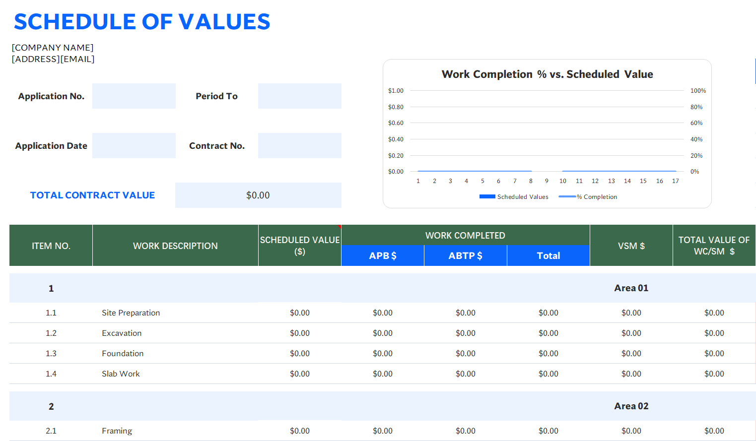 schedule of values template excel template screenshot — PlanoraNest Excel template