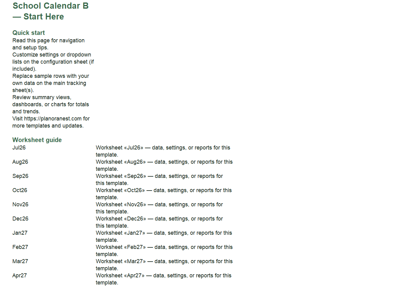 school calendar b excel start here screenshot — PlanoraNest Excel template