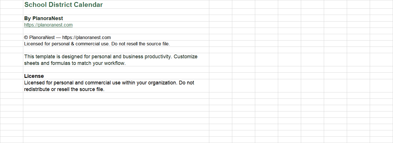 school district calendar excel template — About sheet
