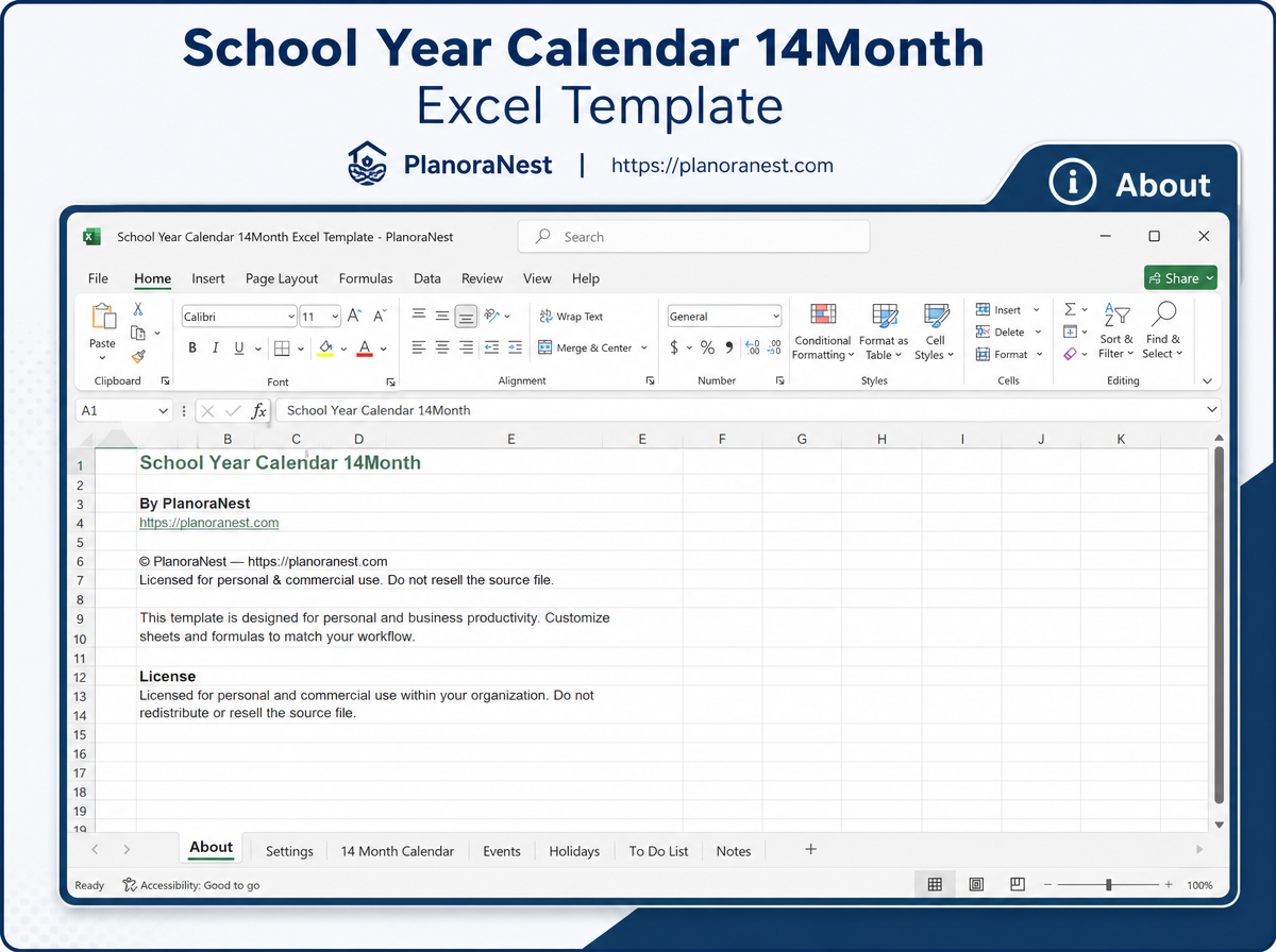 excel school year calendar 14month template screenshot — PlanoraNest Excel template