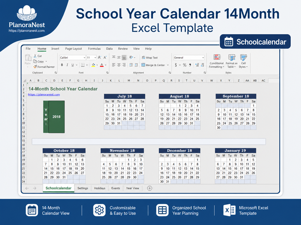 school year calendar 14month excel screenshot — PlanoraNest Excel template