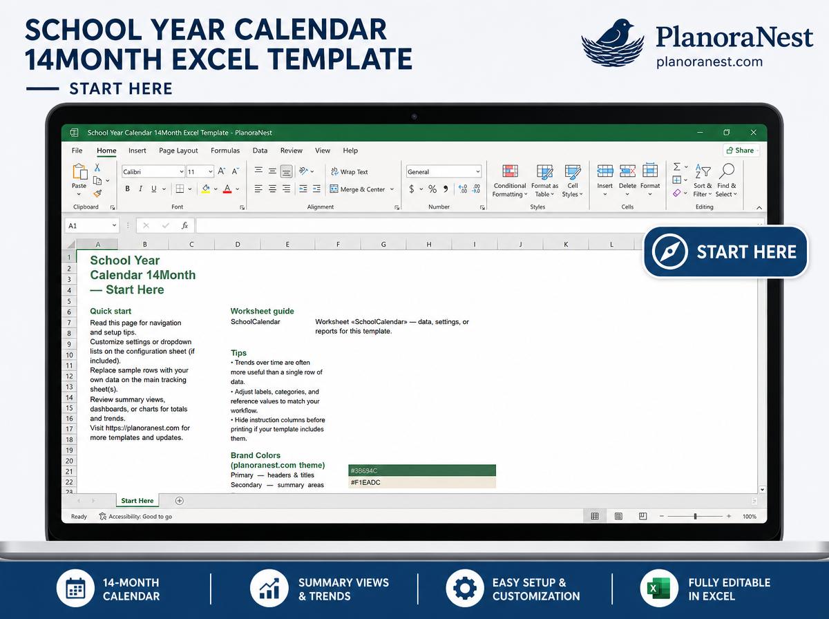 excel school year calendar 14month template start here screenshot — PlanoraNest Excel template