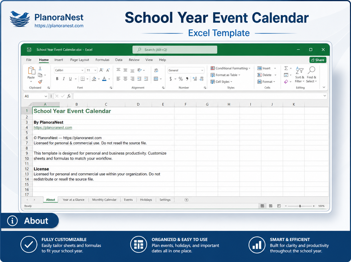 school year event calendar excel template — About sheet