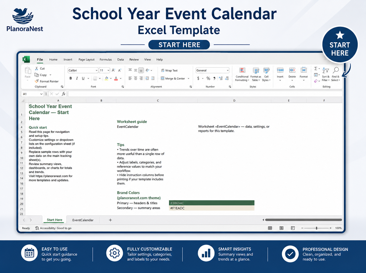 school year event calendar excel template — Start Here sheet