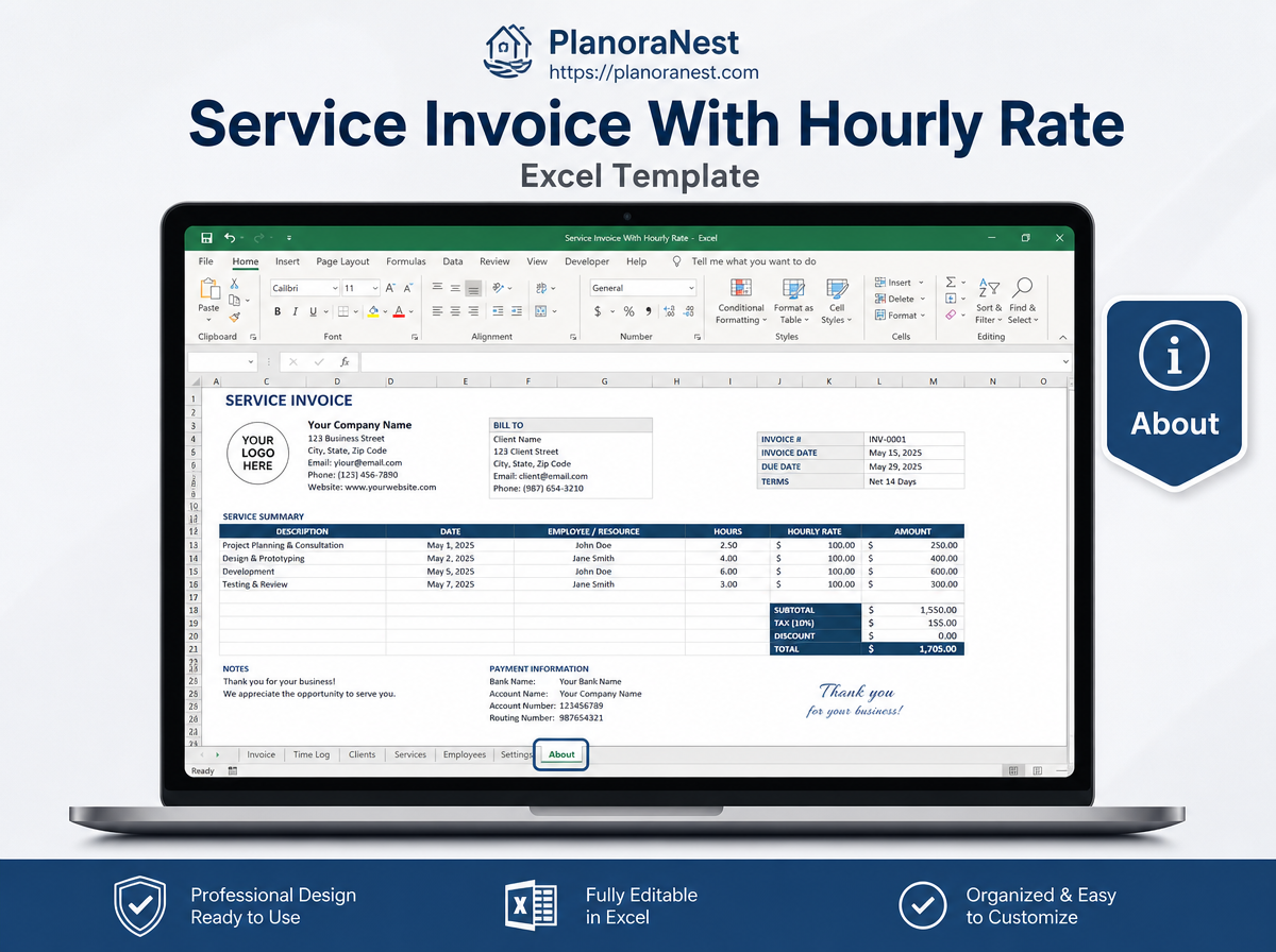 service invoice with hourly rate excel template — Invoice sheet
