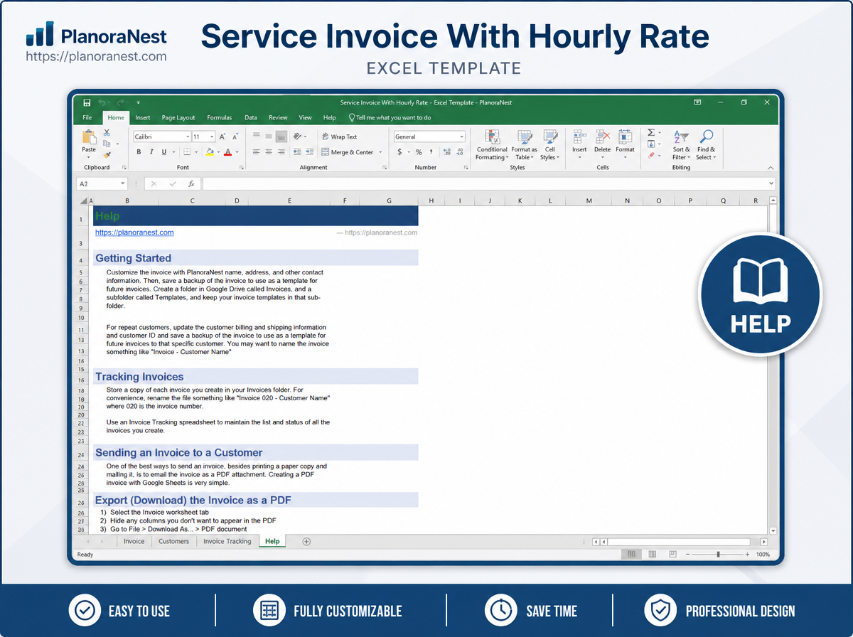 service invoice with hourly rate excel template — Help sheet