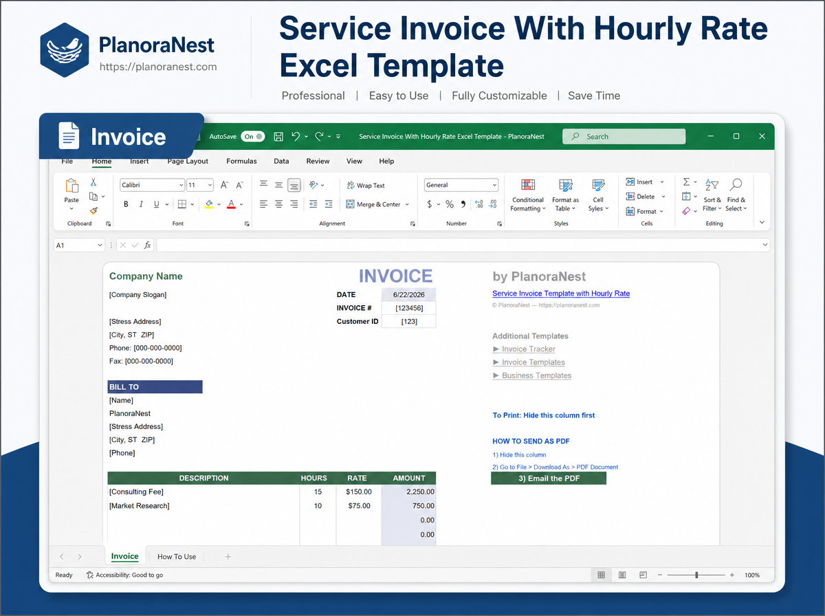 excel service invoice with hourly rate template screenshot — PlanoraNest Excel template