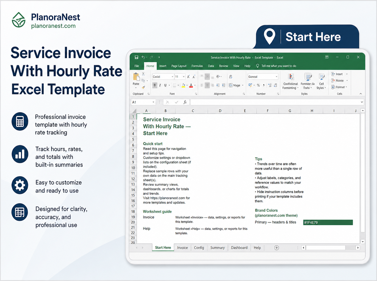 service invoice with hourly rate excel template — Start Here sheet