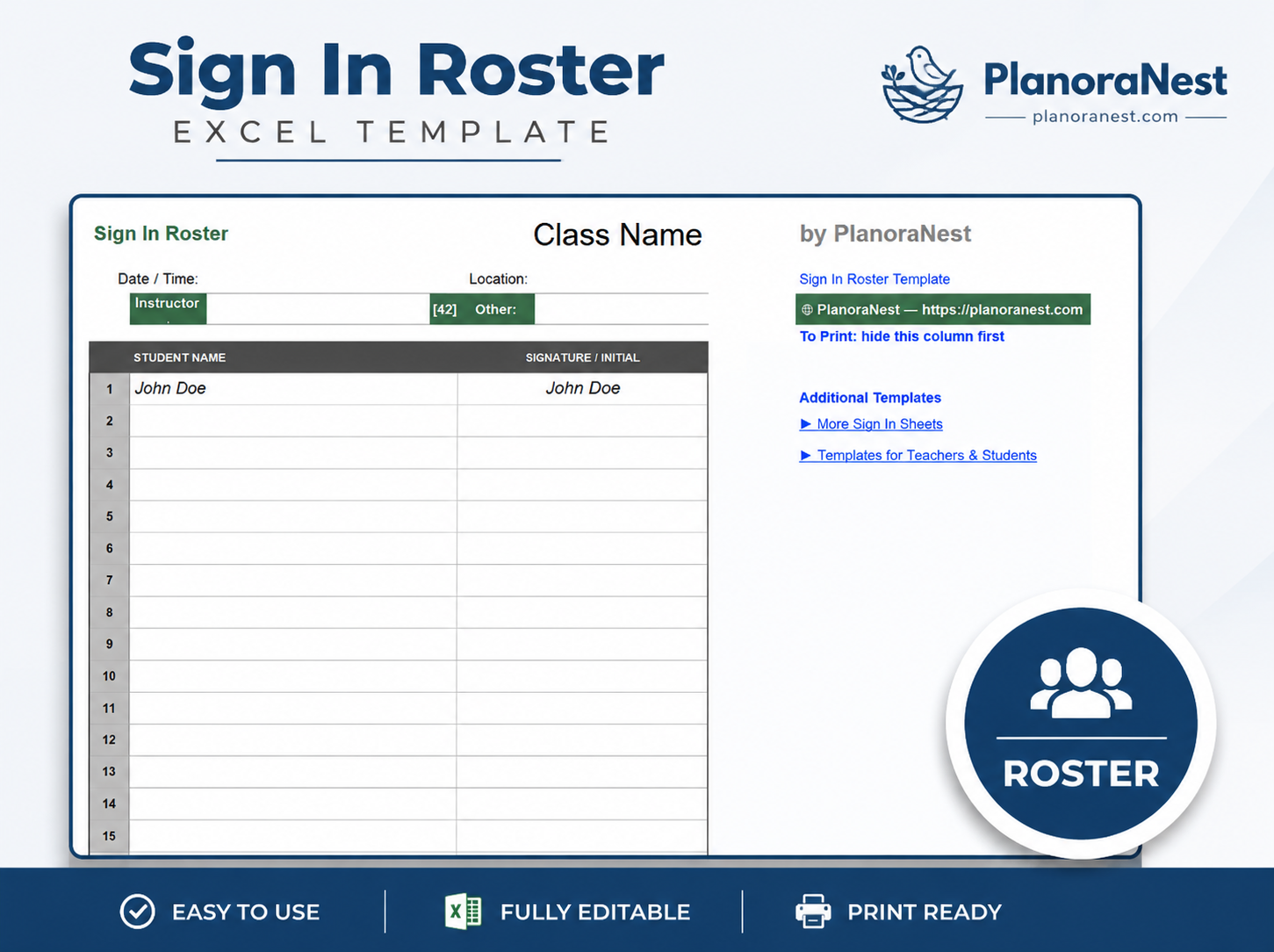 sign in roster template excel screenshot — PlanoraNest Excel template