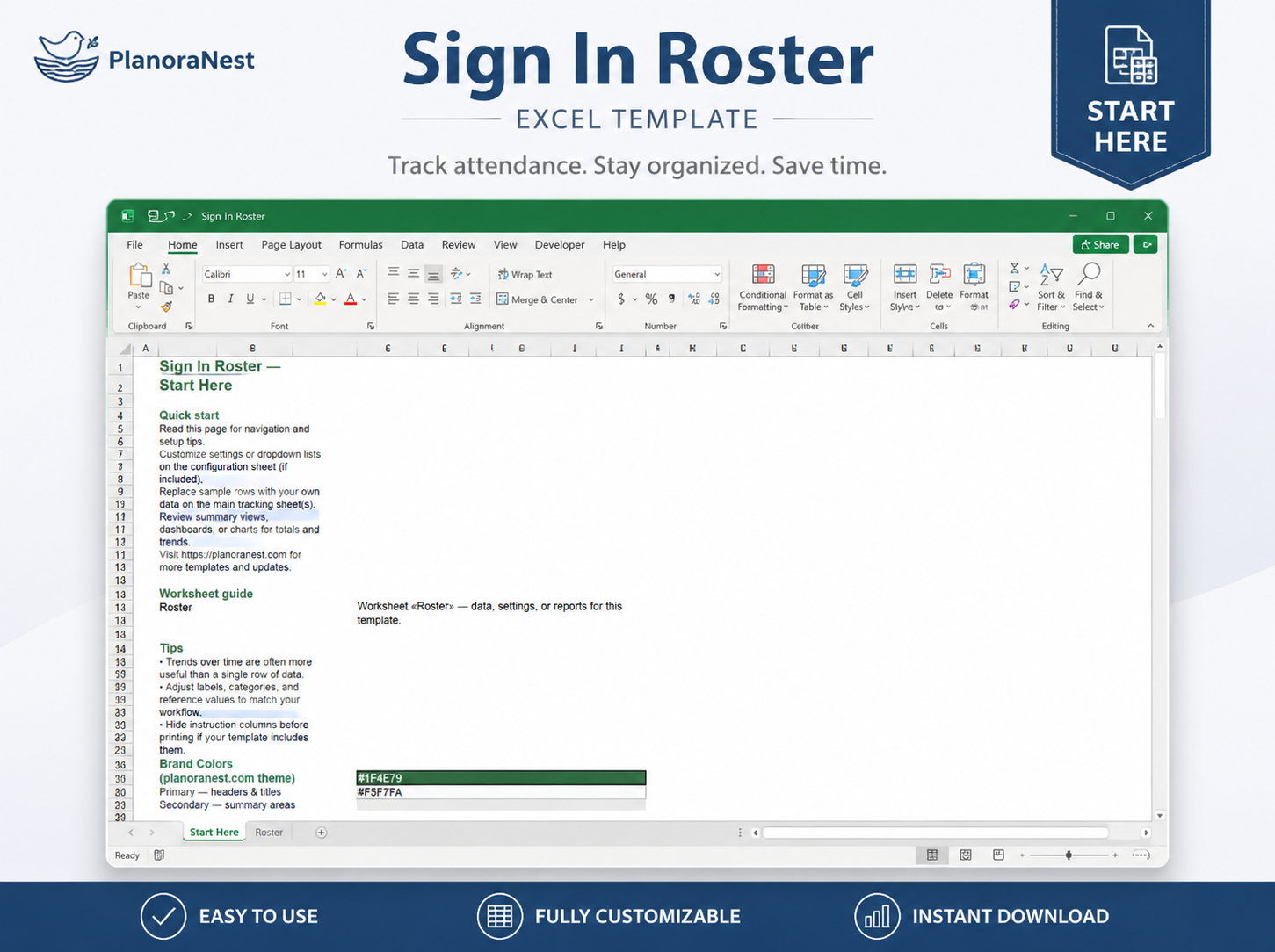 sign in roster excel template — Start Here sheet