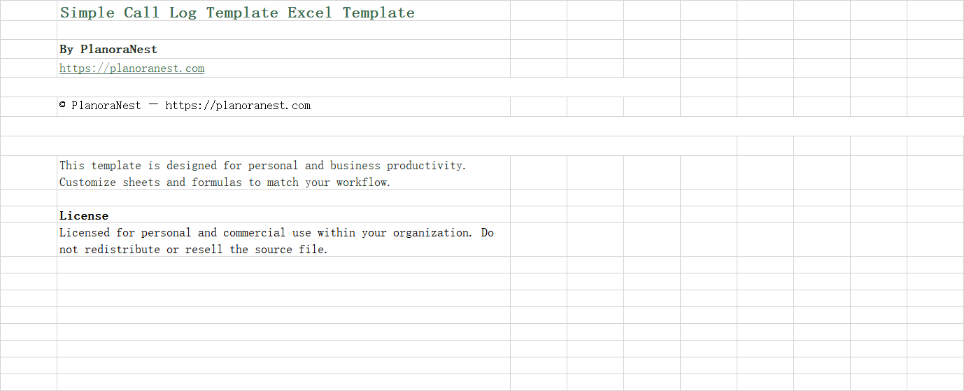 simple call log template excel screenshot — PlanoraNest Excel template