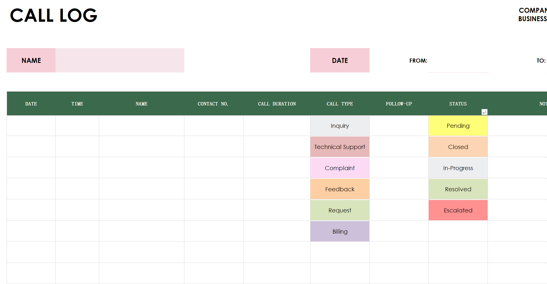 simple call log template excel screenshot — PlanoraNest Excel template
