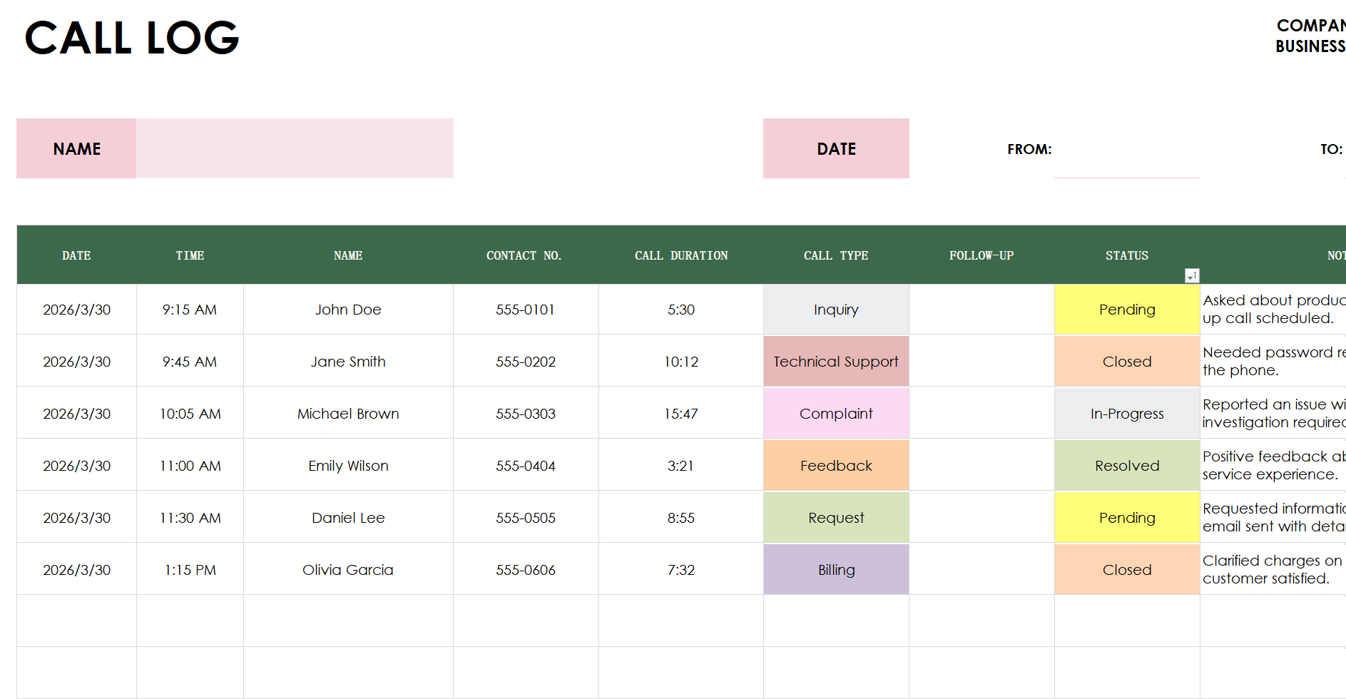 excel simple call log template template screenshot — PlanoraNest Excel template