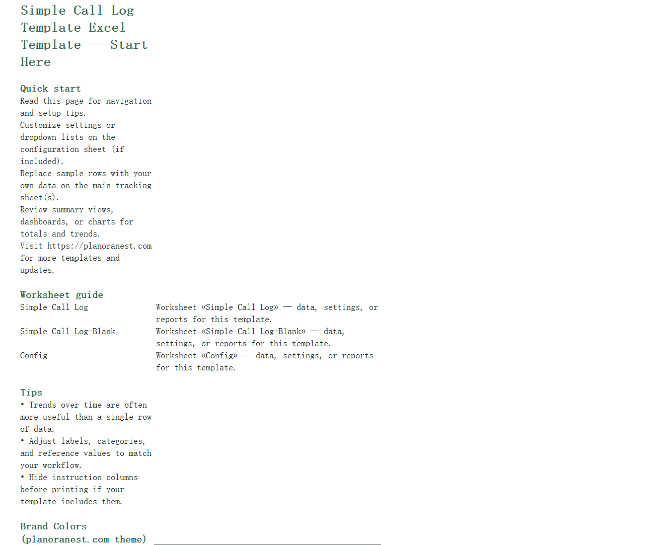 simple call log template excel start here screenshot — PlanoraNest Excel template