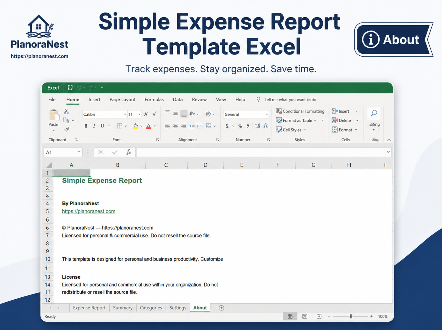 simple expense report template for excel screenshot — PlanoraNest Excel template