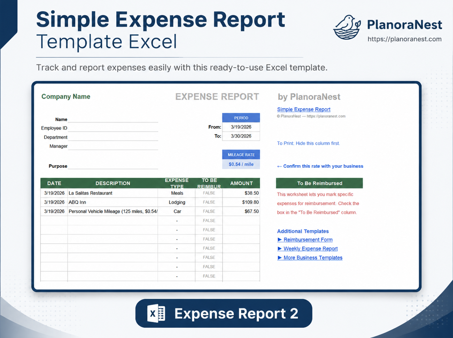 simple excel expense report template screenshot — PlanoraNest Excel template
