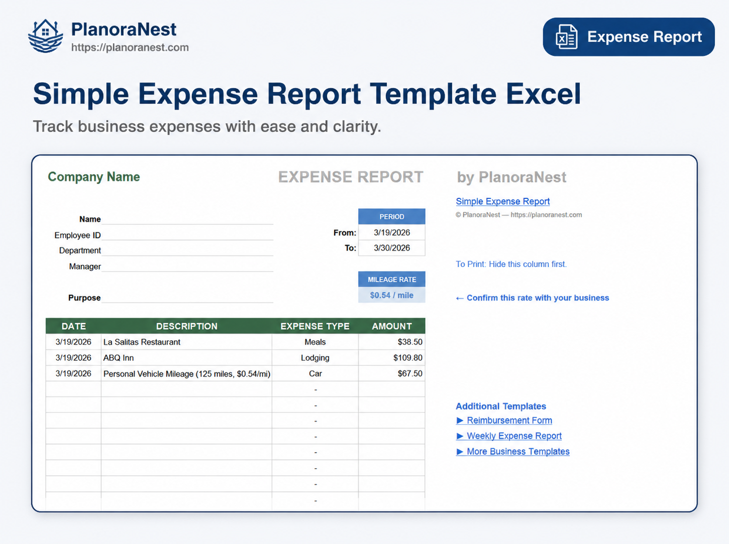 simple expense report excel template screenshot — PlanoraNest Excel template