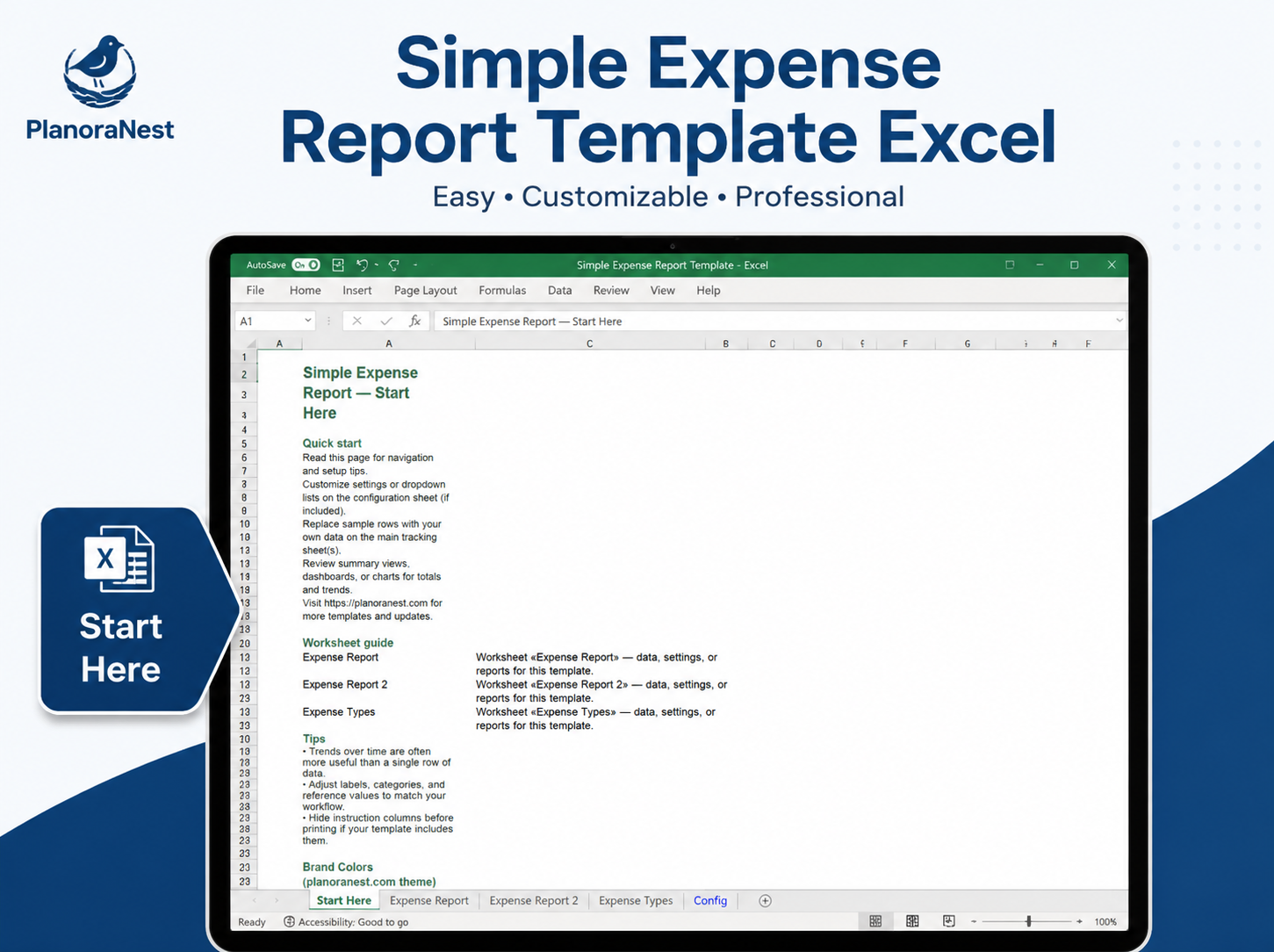 simple project expense report template excel start here screenshot — PlanoraNest Excel template