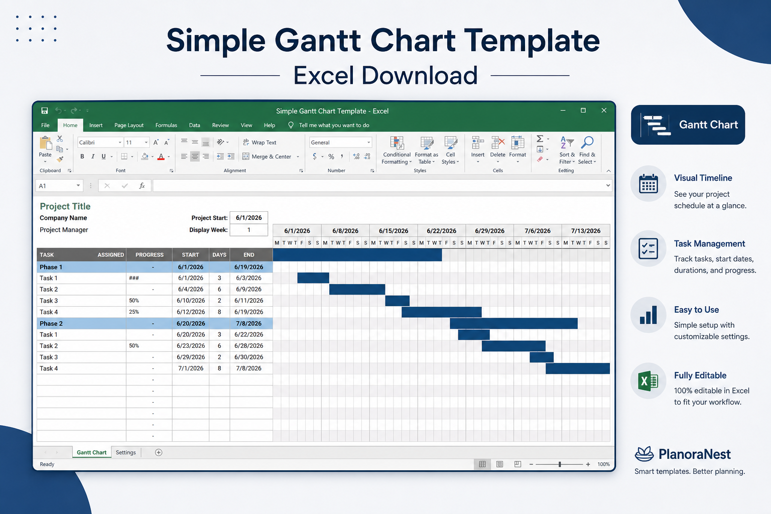 simple gantt chart excel screenshot — PlanoraNest Excel template