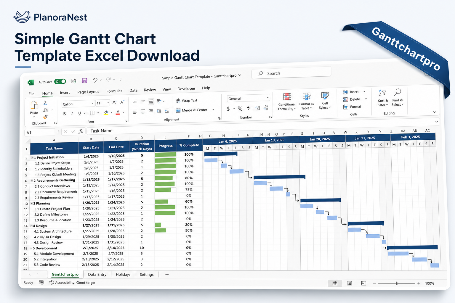 simple gantt chart excel screenshot — PlanoraNest Excel template