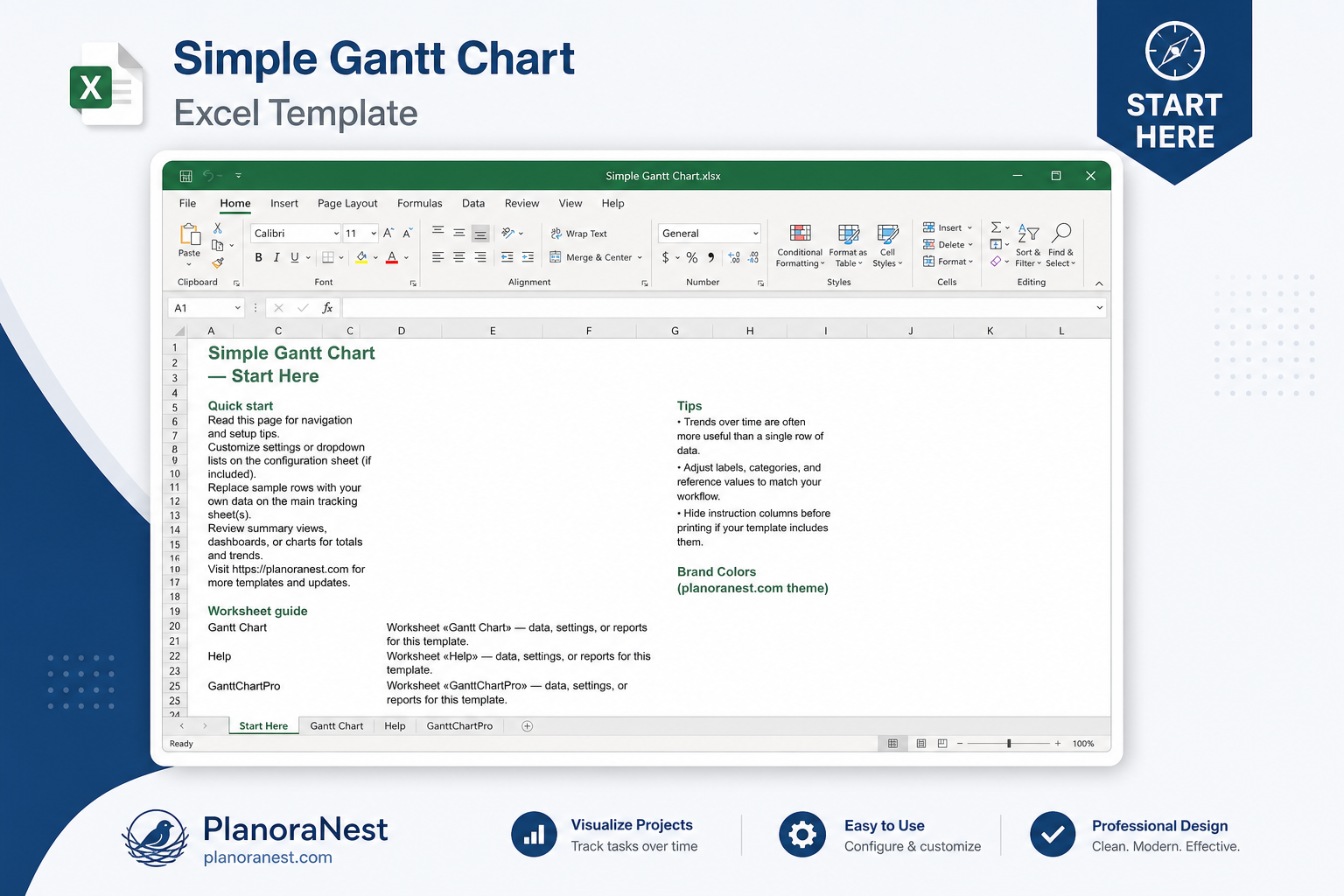 simple gantt chart excel start here screenshot — PlanoraNest Excel template