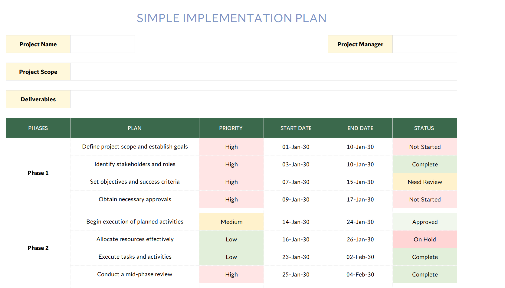 simple implementation plan template excel screenshot — PlanoraNest Excel template