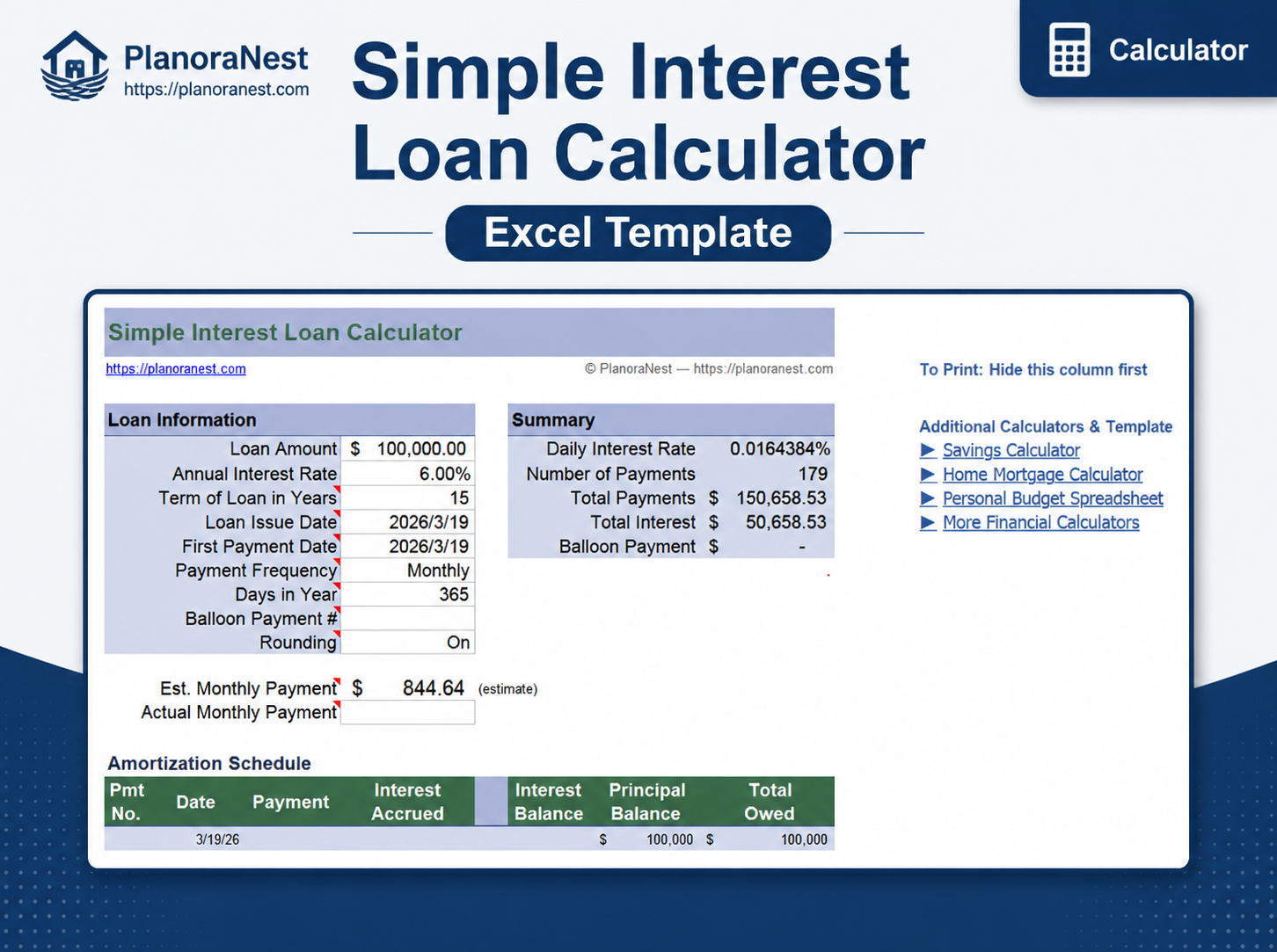 simple interest loan calculator excel download screenshot — PlanoraNest Excel template
