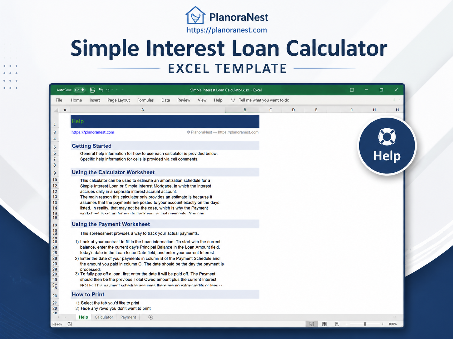 simple interest loan calculator excel template — Help sheet