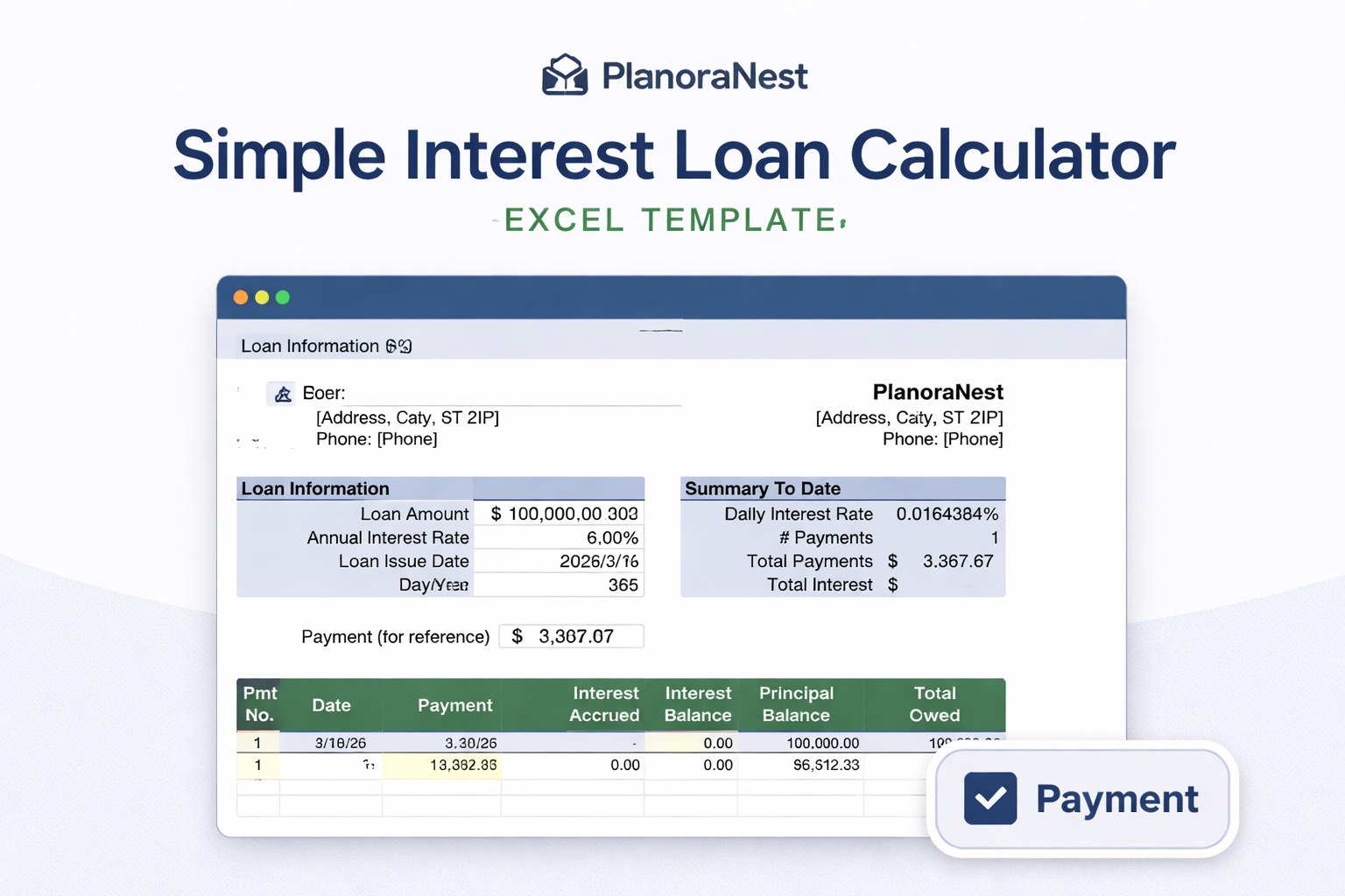 simple interest loan calculator excel template — Payment sheet