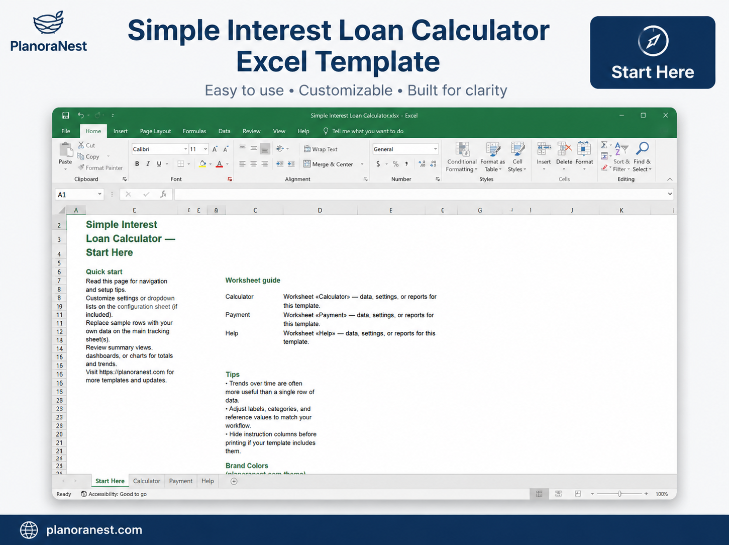 simple interest loan calculator excel template — Start Here sheet